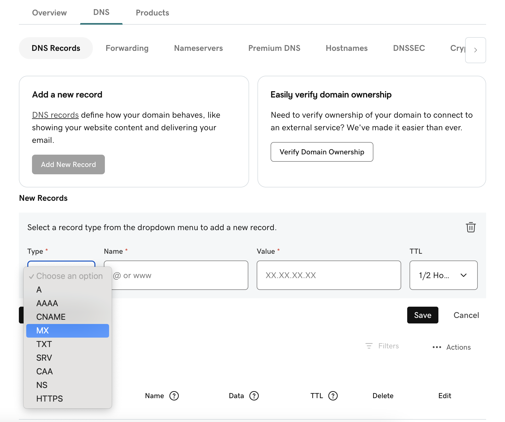 GoDaddy Add MX Record Form