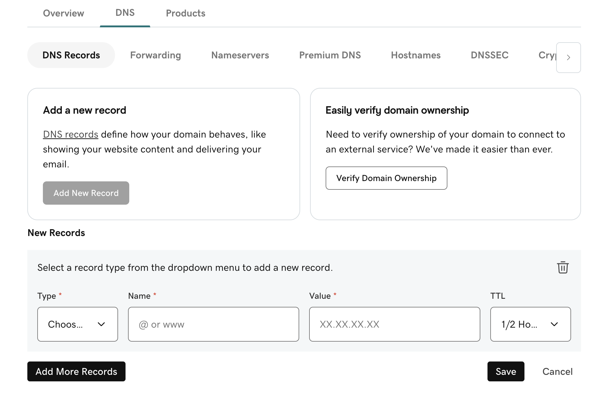GoDaddy Add DNS Record Button