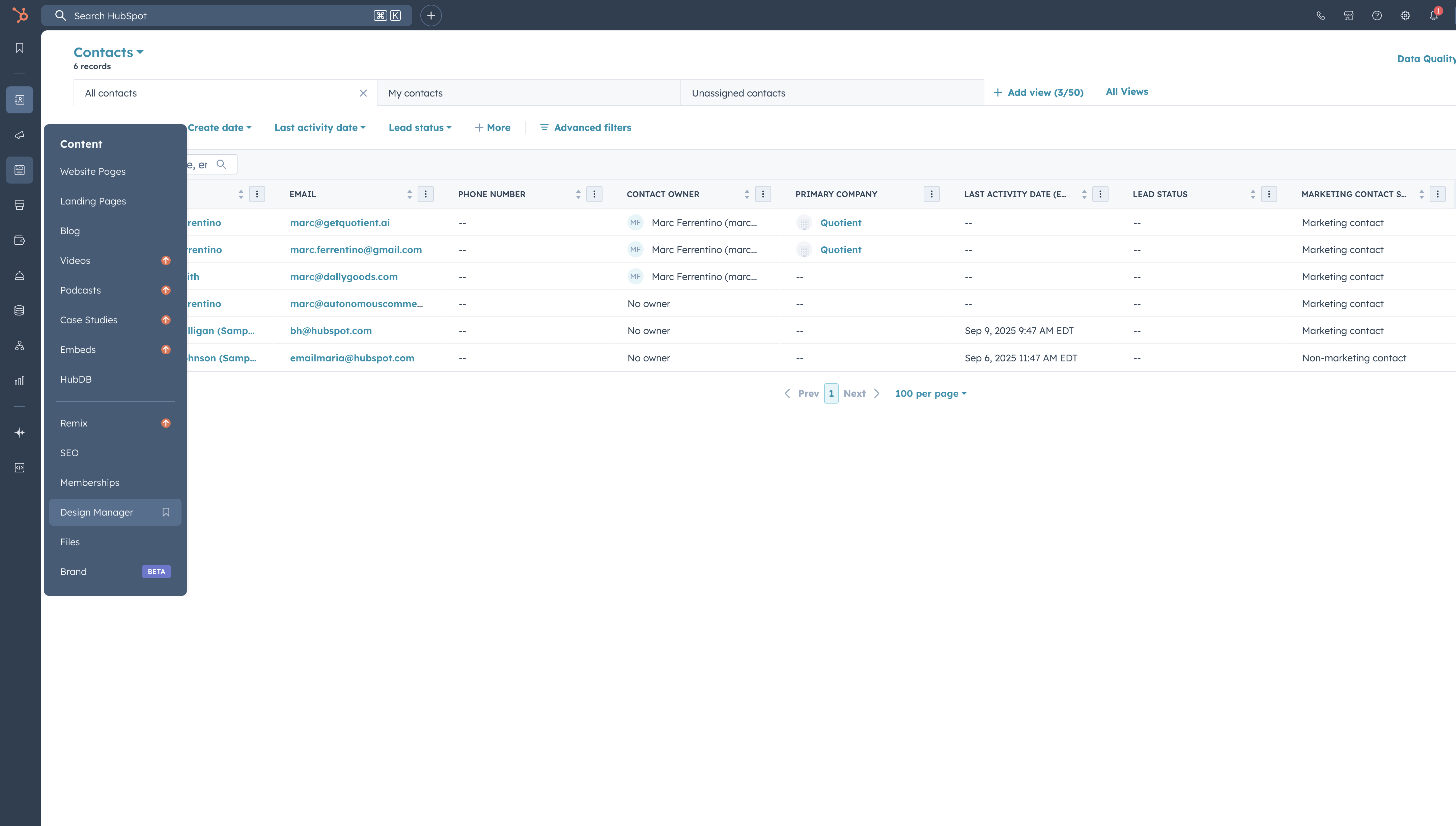 HubSpot Design Manager interface showing template editing capabilities