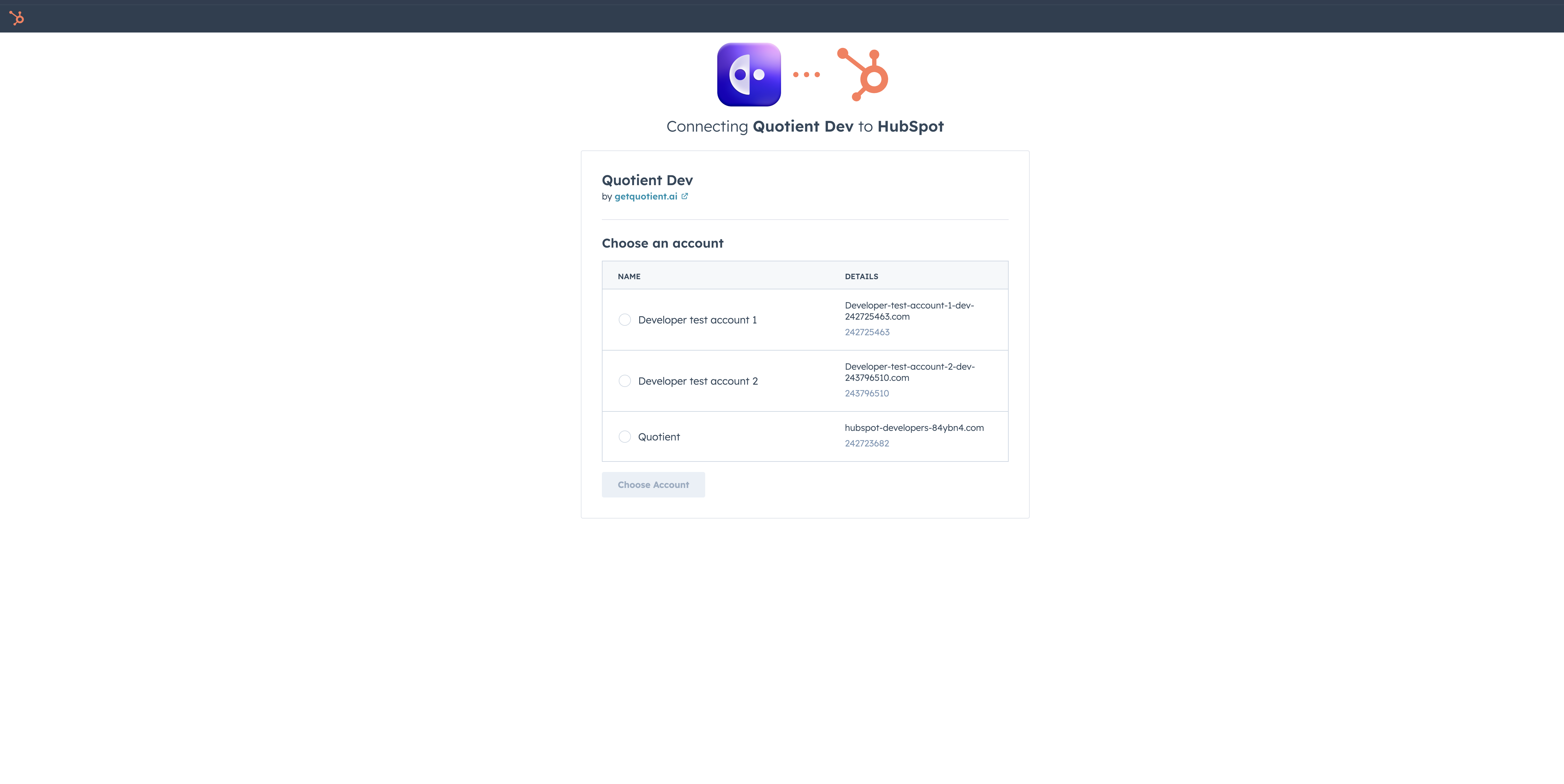 HubSpot OAuth authorization page showing portal selection and permission scopes