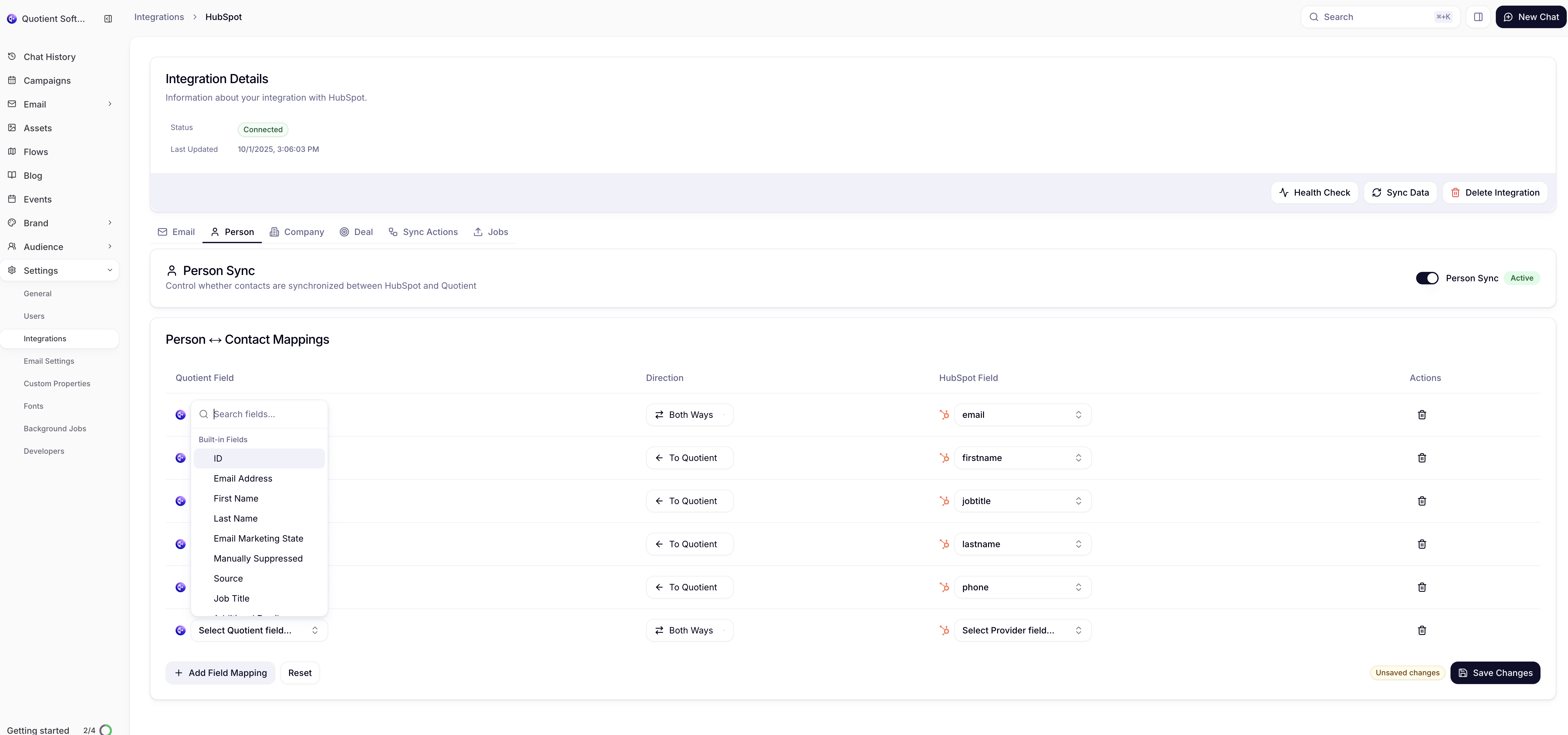 Add Field Mapping button in the HubSpot field mappings interface