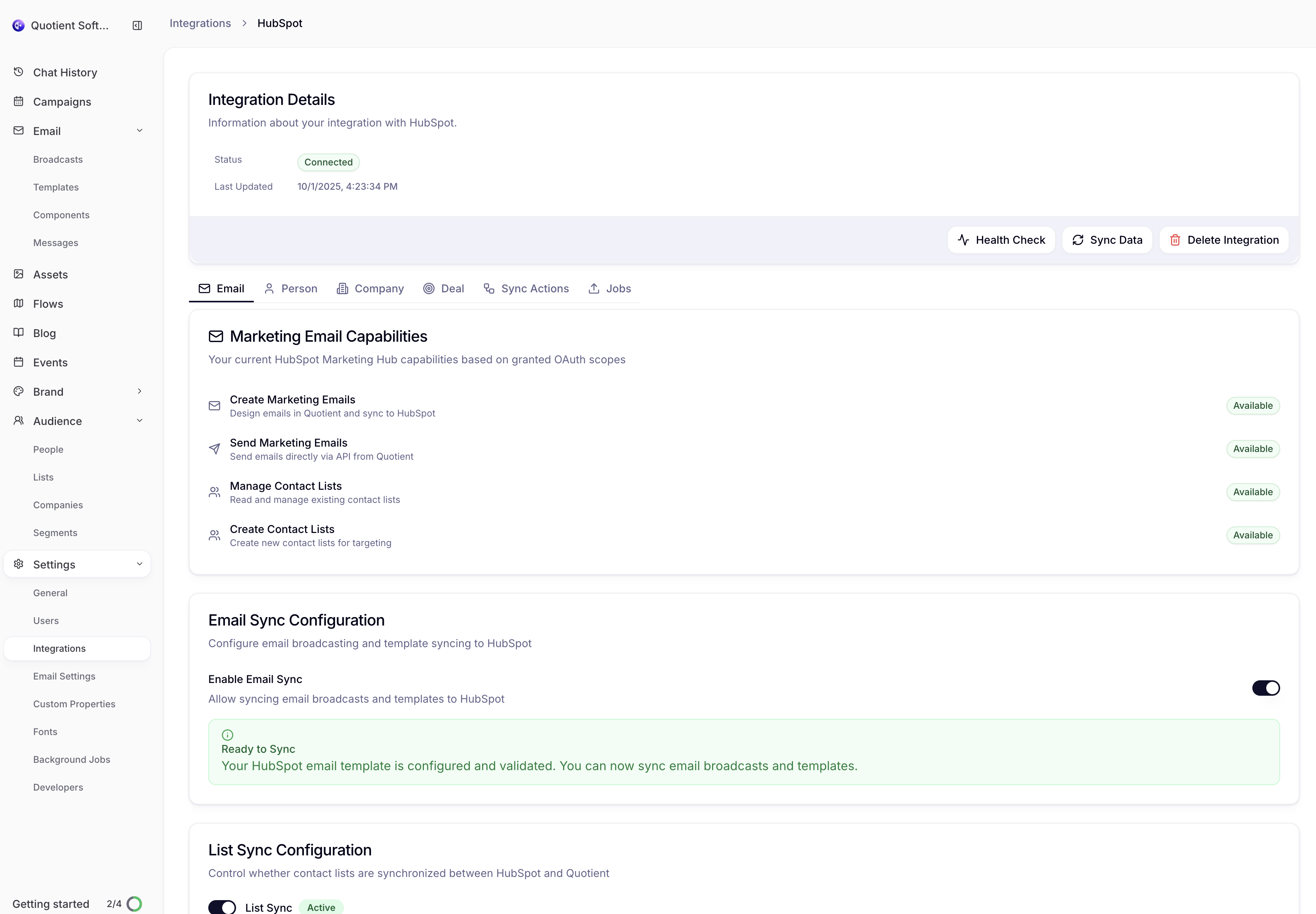 HubSpot Email tab showing email sync configuration options