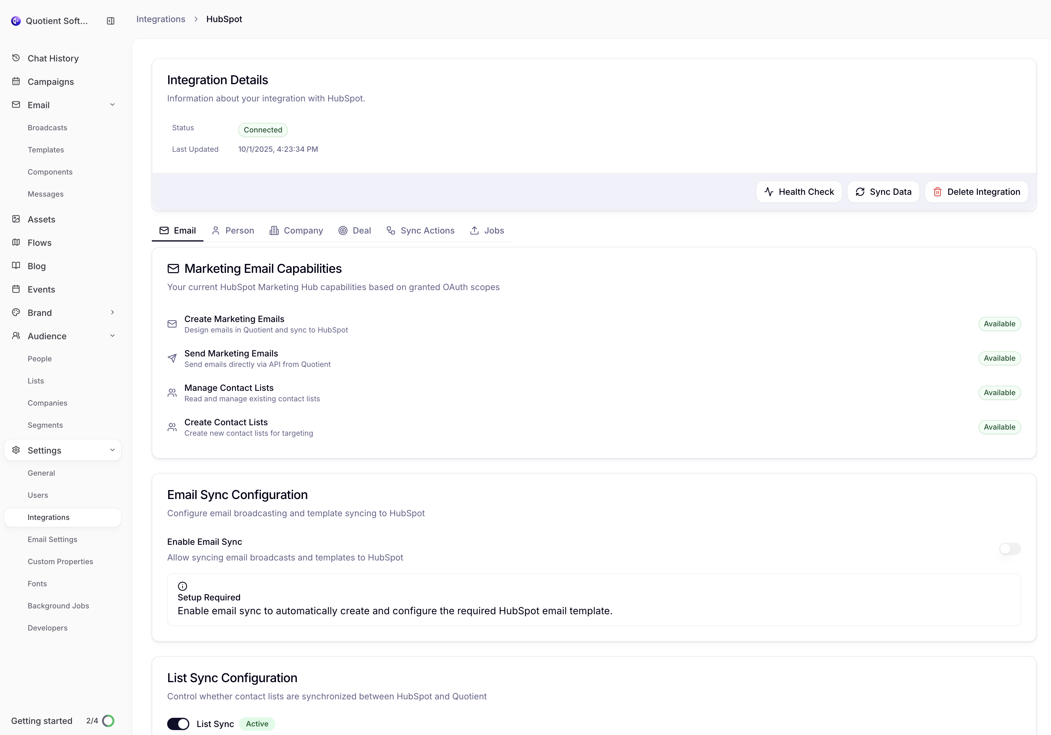 HubSpot Email tab showing email sync configuration options