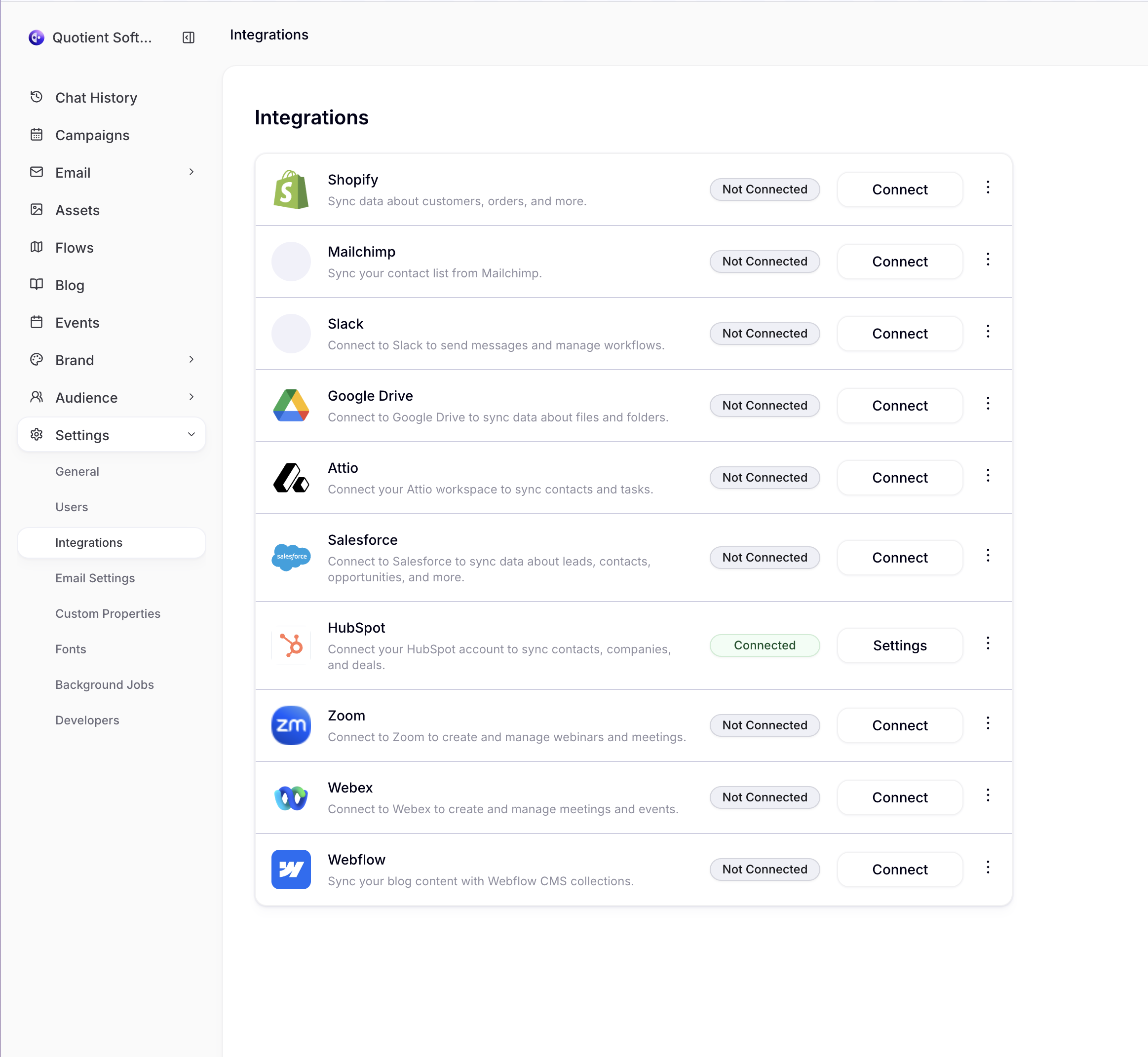 Quotient HubSpot integration dashboard showing successful connection status and available features