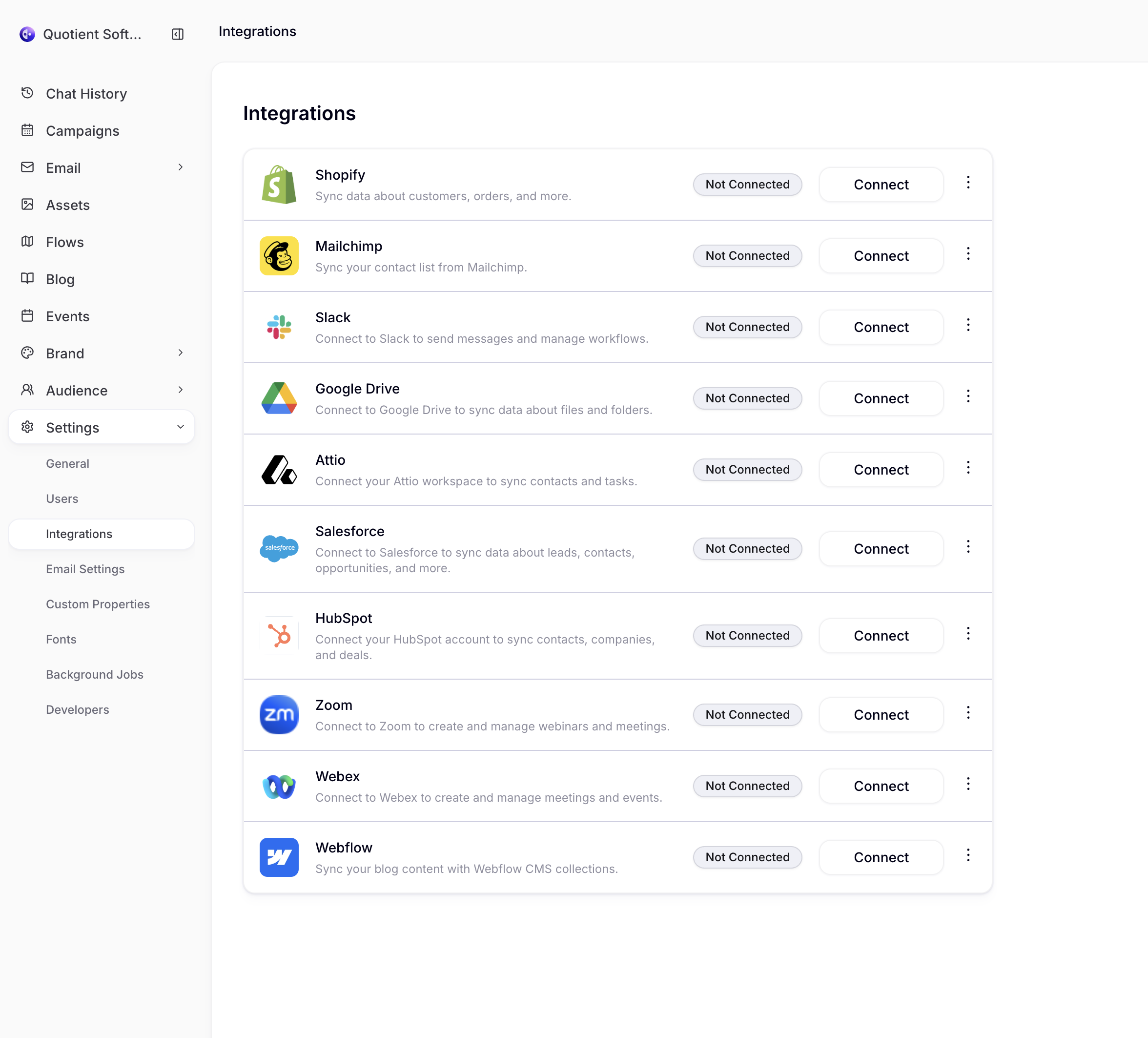 Quotient integrations page showing HubSpot integration card with Connect button
