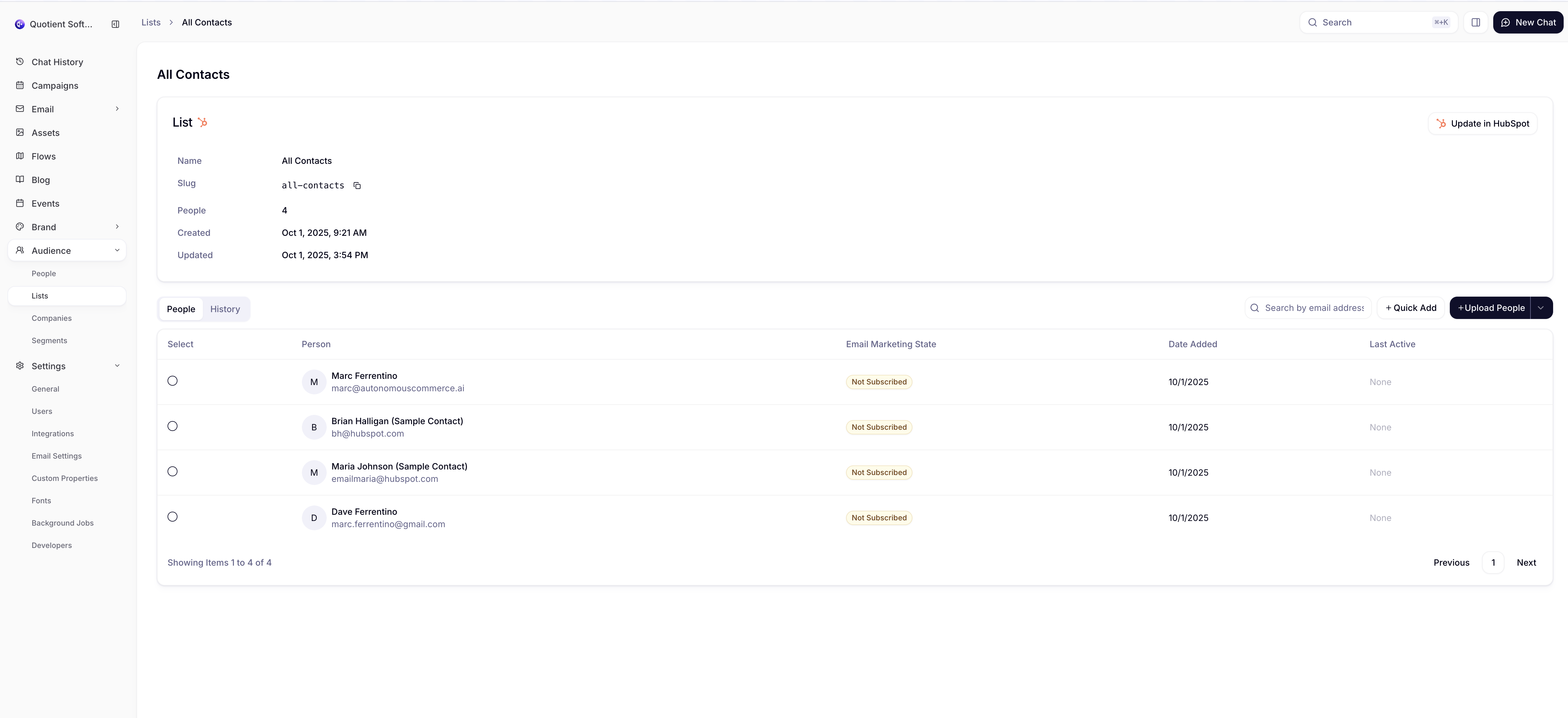 Detailed view of HubSpot list sync showing individual list status and member counts