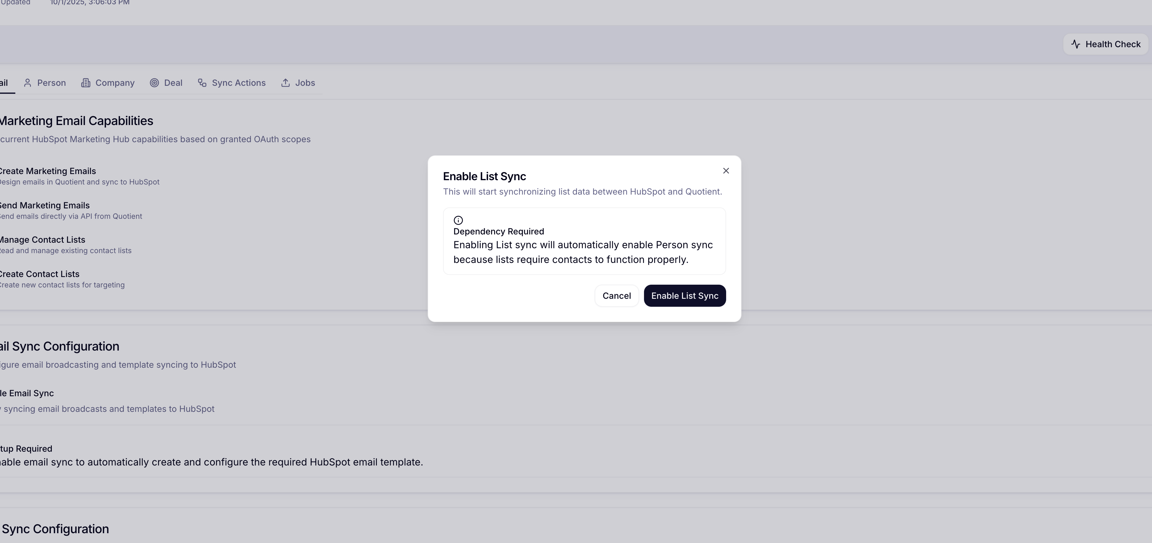 Enable Sync button for HubSpot list synchronization