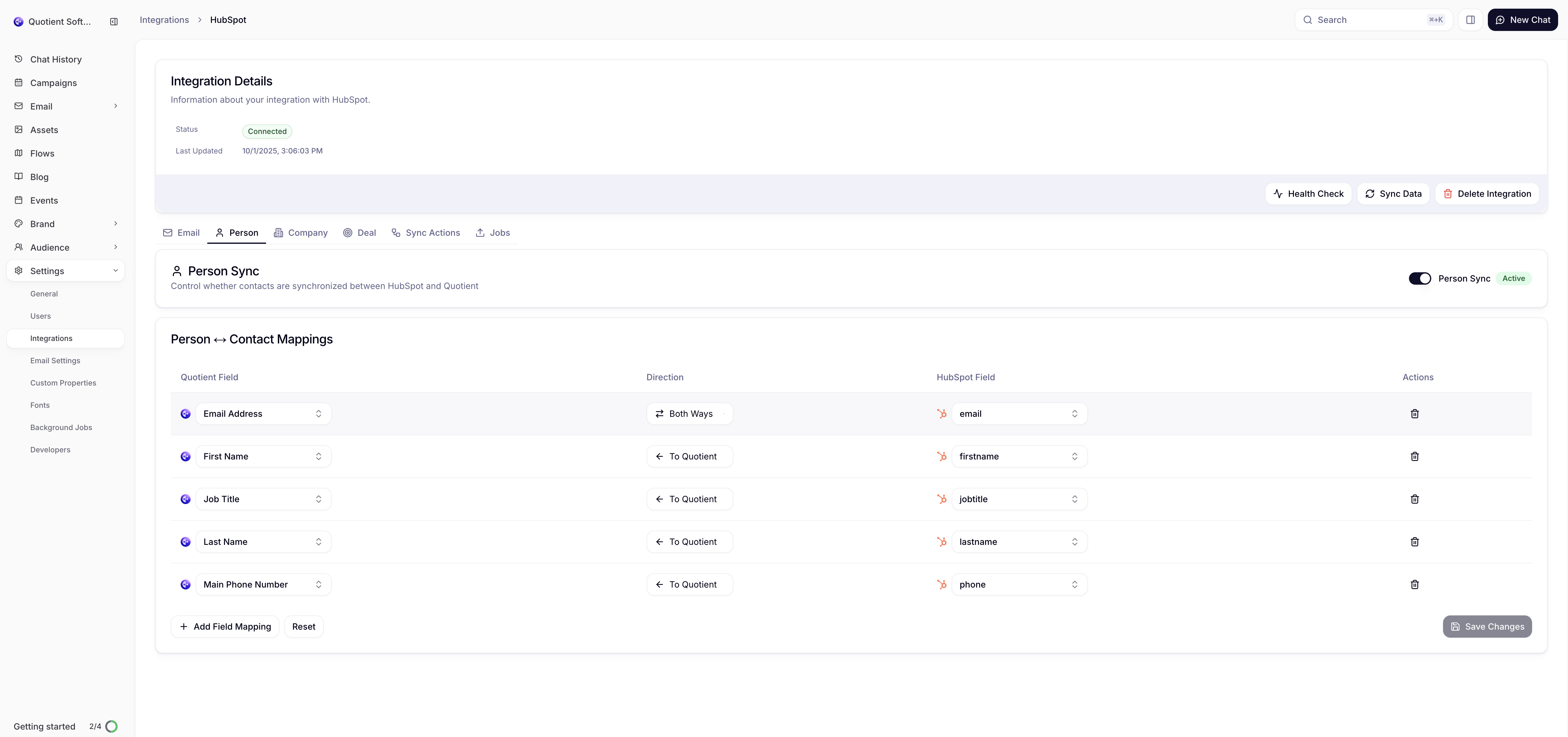 HubSpot field mappings interface showing Quotient fields mapped to HubSpot fields with sync directions and actions
