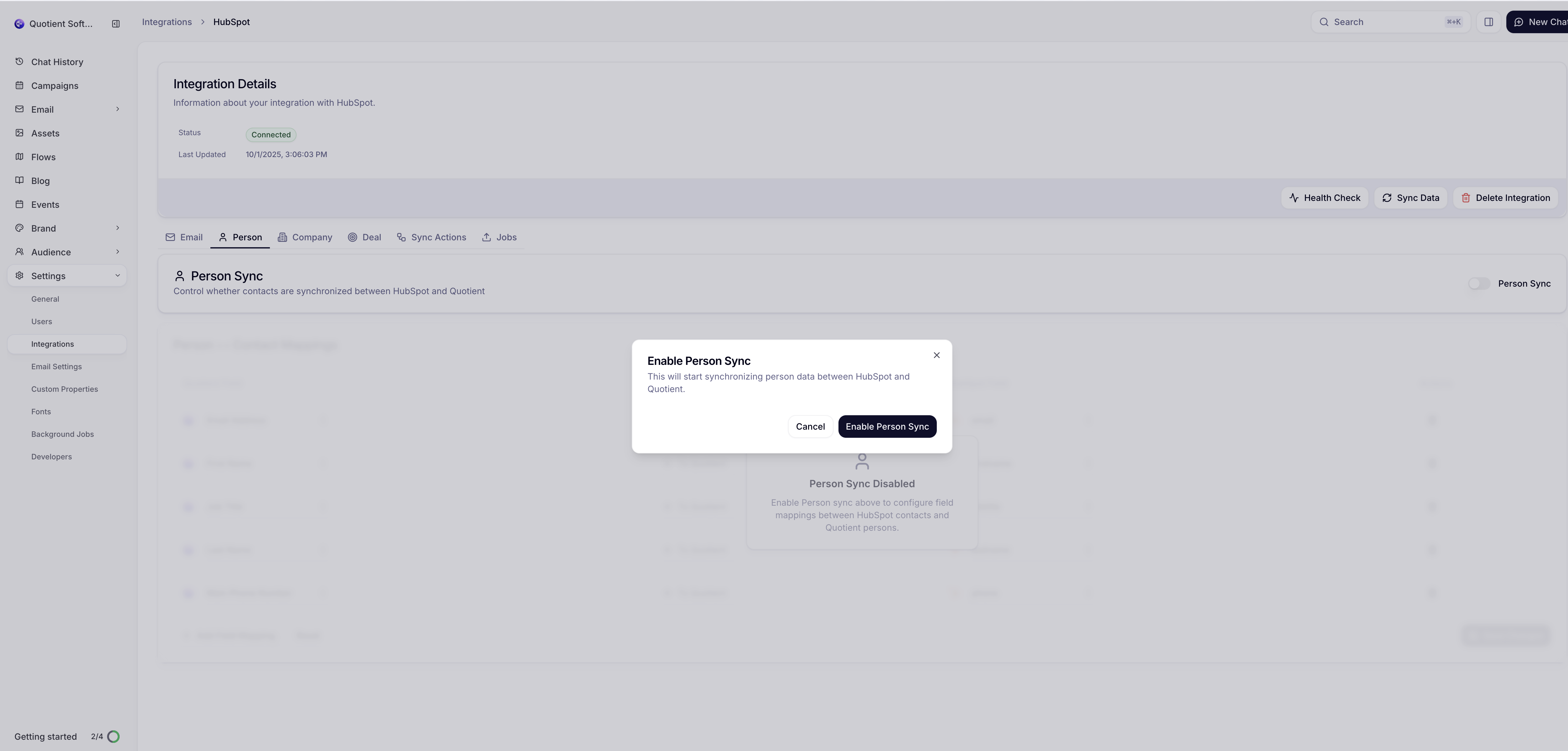 HubSpot object sync configuration showing tabs and enable sync button