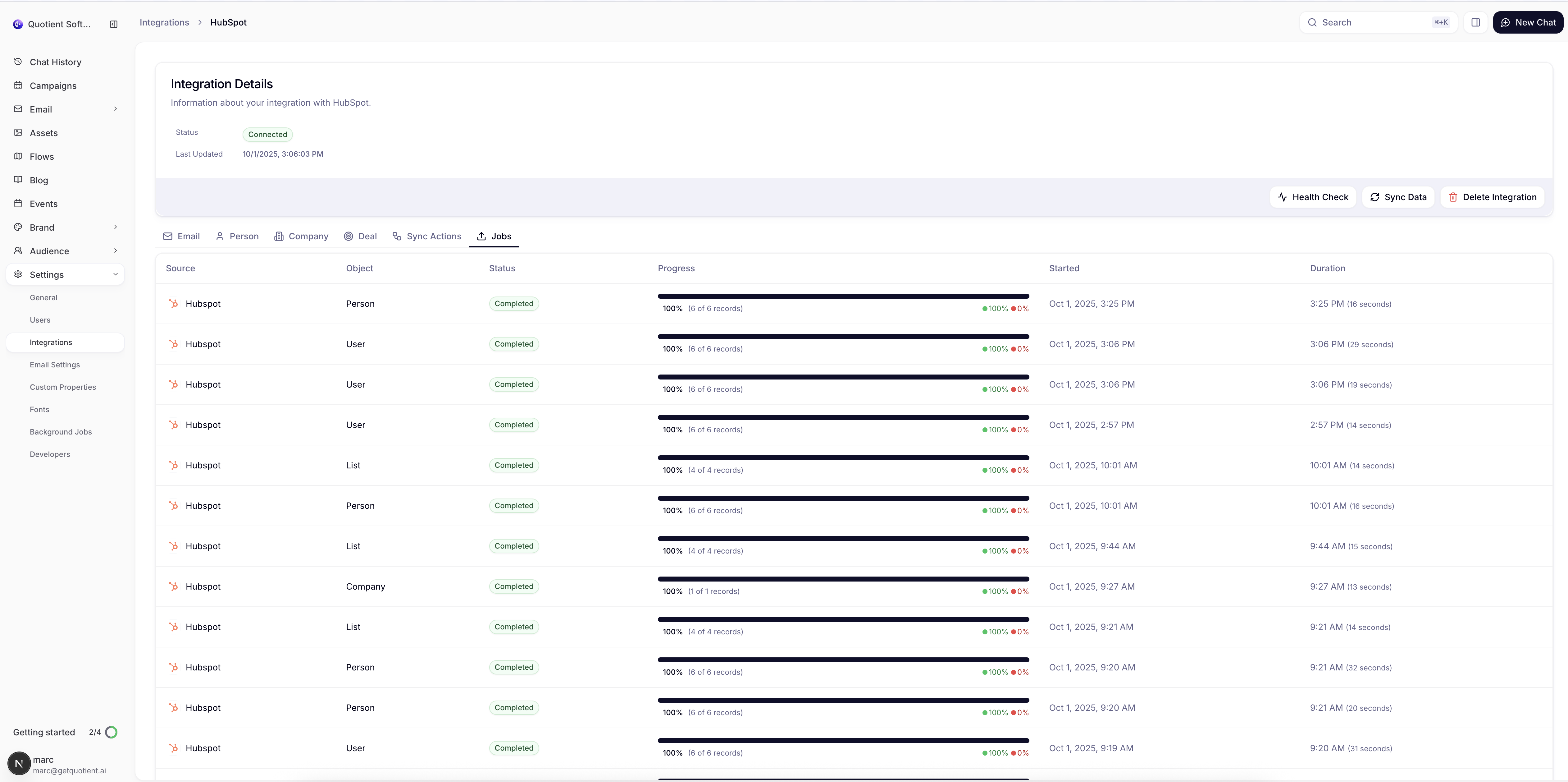 HubSpot Jobs tab showing sync job history with status, progress, and execution details